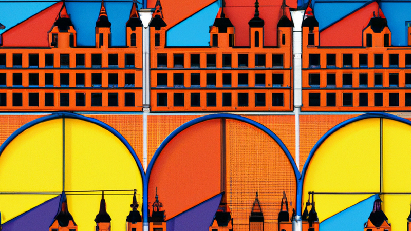 DALL·E 2023 05 24 12.07.51 UK Houses Of Parliament Made Out Of Orange, Red And Blue Pie Charts And Bar Charts, In Comic Book Style (1)